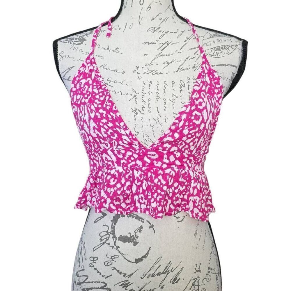 Shein Women's Size XS Pink White Print Cropped Halter Ruffle Top